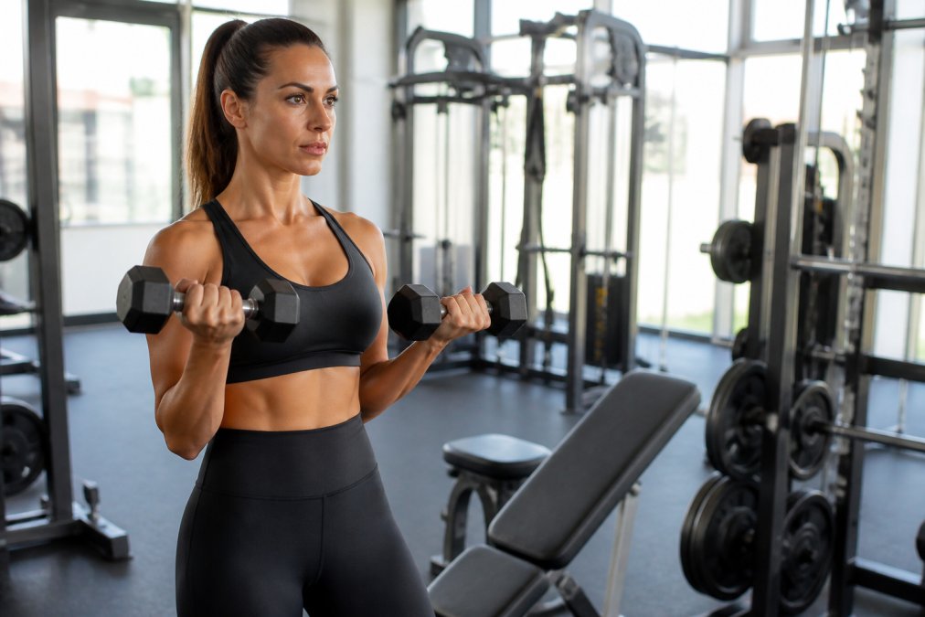 Woman performing dumbbell exercises with proper form in a bright, modern gym setting, focused expression while holding weights
