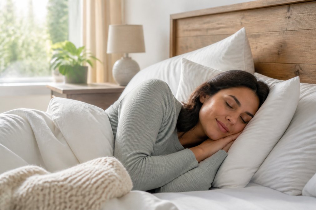 Person sleeping peacefully in a bright bedroom with natural morning sunlight filtering through the window, serene expression