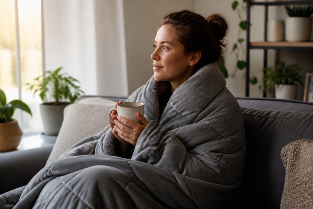 A young woman wrapped in a gray weighted blanket on a couch, holding a warm mug of tea, with soft natural window light and a calm, relaxed expression