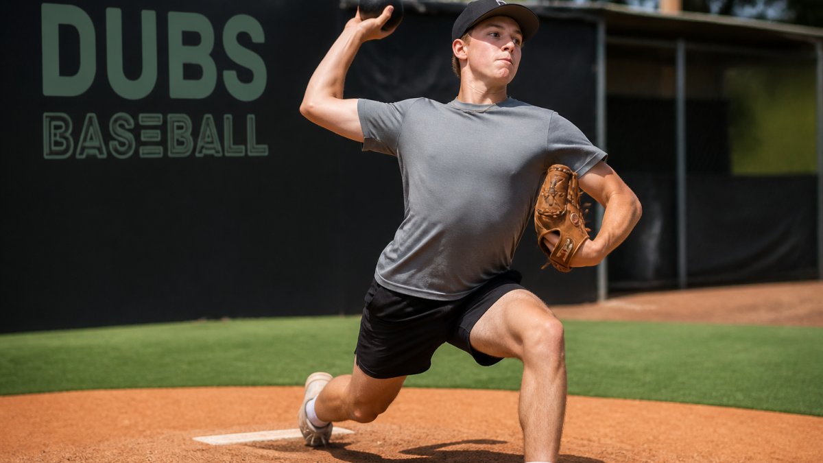 Young baseball pitcher in mid-delivery during weighted ball training drill, demonstrating proper arm angle and mechanics with a weighted plyo ball in outdoor facility lighting