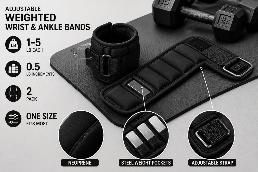 Close-up of adjustable weighted wrist and ankle bands laid out on a gym mat with dumbbells, showing the neoprene material, steel weight pockets, and adjustment mechanisms in natural studio lighting