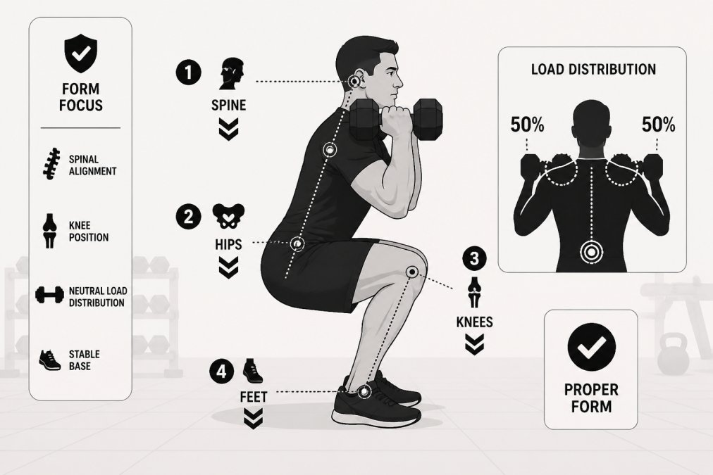 Athlete demonstrating proper form during weighted squat exercise with dumbbells, showing correct spinal alignment, knee positioning, and neutral load distribution on shoulders in bright gym setting