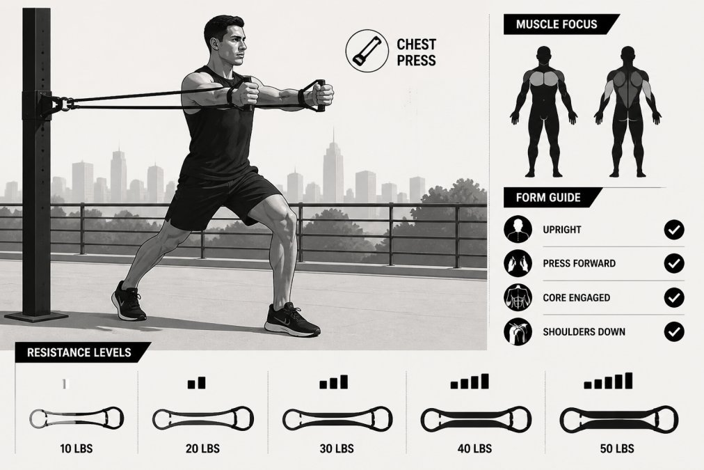 Athlete performing a resistance band chest press exercise outdoors, band stretched across their body showing proper form and engagement during a functional training movement with natural sunlight
