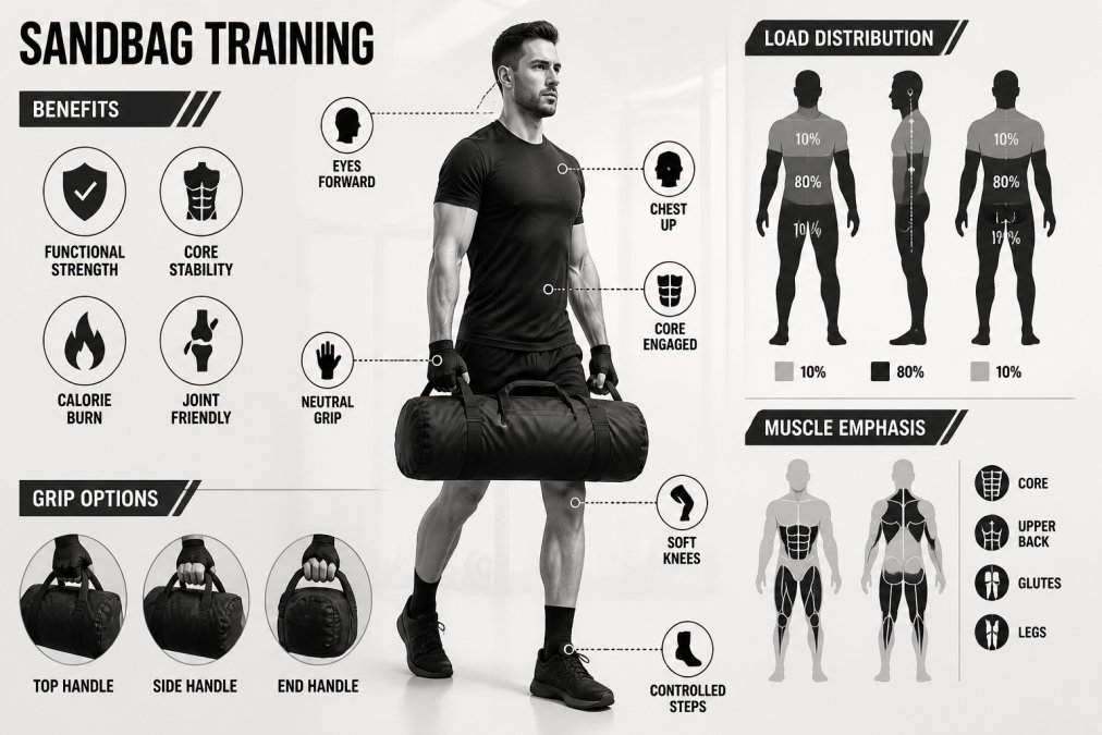 Fitness enthusiast executing a sandbag carry in a gym setting, showing proper grip and body positioning during weighted resistance training with controlled posture