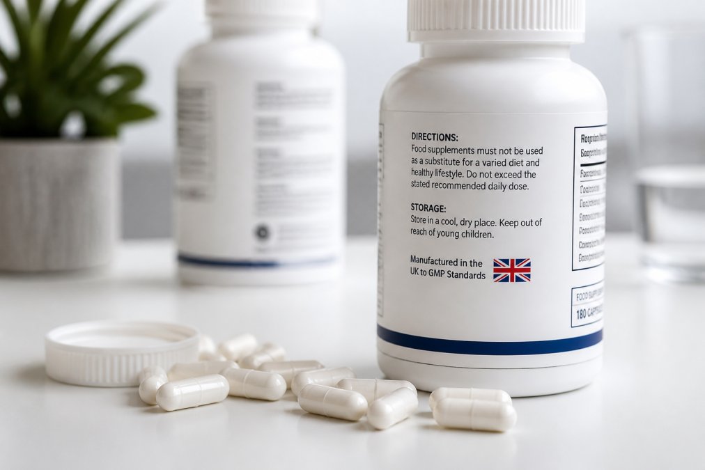 A clear, well-lit photograph of supplement bottles and capsules arranged on a clean white surface, with a label showing UK manufacturing details visible prominently in the frame
