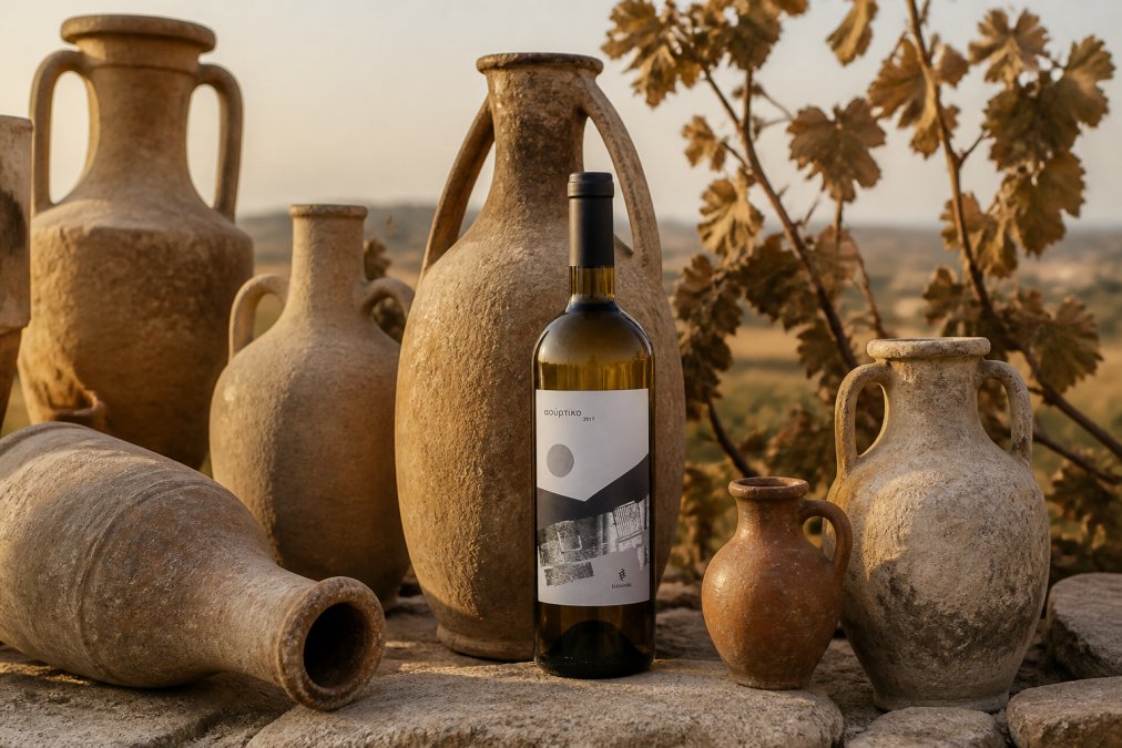 Antike steinerne Amphoren und Tongefäße für Wein, auf einer rustikalen Steinoberfläche arrangiert, mit getrockneten Weinreben im Hintergrund und warmem goldenen Licht