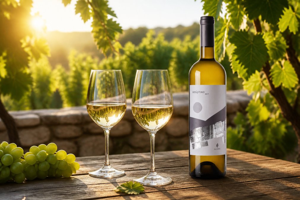 Zwei elegante Weingläser mit Weißwein auf einem Holztisch im Freien, umgeben von grünen Weinreben, durch die warmes Sonnenlicht filtert
