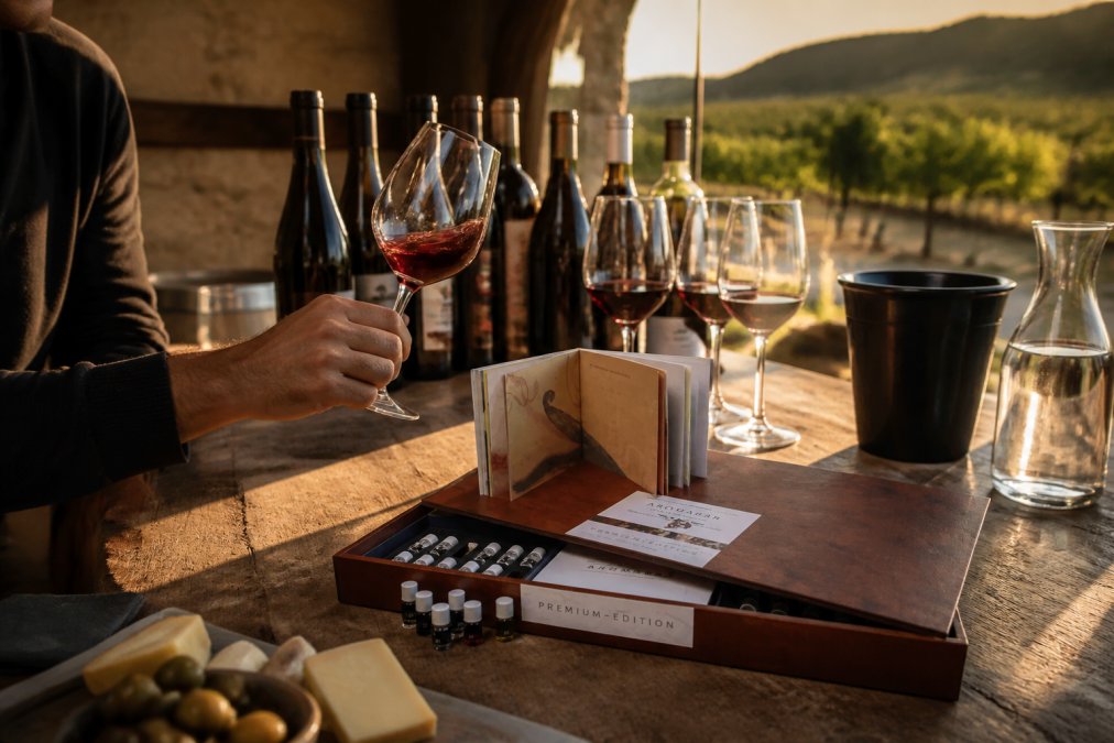 Eine Person schwenkt ein Glas Rotwein an einem rustikalen Degustationstisch in einem Weingut, umgeben von Flaschen und einem Weinberg, der durch ein Fenster im Hintergrund sichtbar ist, in warmem Abendlicht