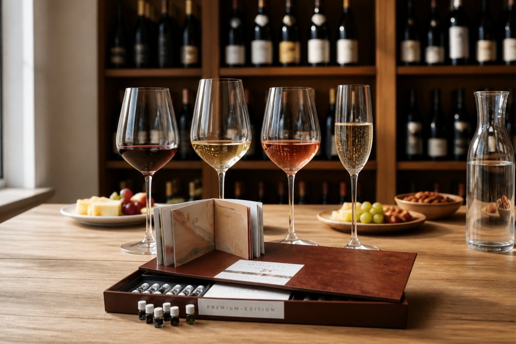 Verschiedene Weingläser nebeneinander auf hellem Tisch, gefüllt mit Rotwein, Weisswein und Schaumwein, warme natürliche Beleuchtung von der Seite