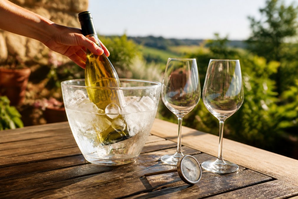 Eine Hand legt eine Flasche Weißwein in einen mit Eis und Wasser gefüllten Eiskübel auf einer sonnigen Terrasse, daneben zwei Weingläser und ein Thermometer