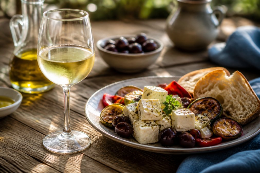 Nahaufnahme eines Glases Weißweins neben einem Teller mit Feta, schwarzen Oliven, gegrilltem Gemüse und frischem Ciabatta-Brot auf einem rustikalen Holztisch mit Olivenöl-Flasche, warmes Mittelmeer-Licht