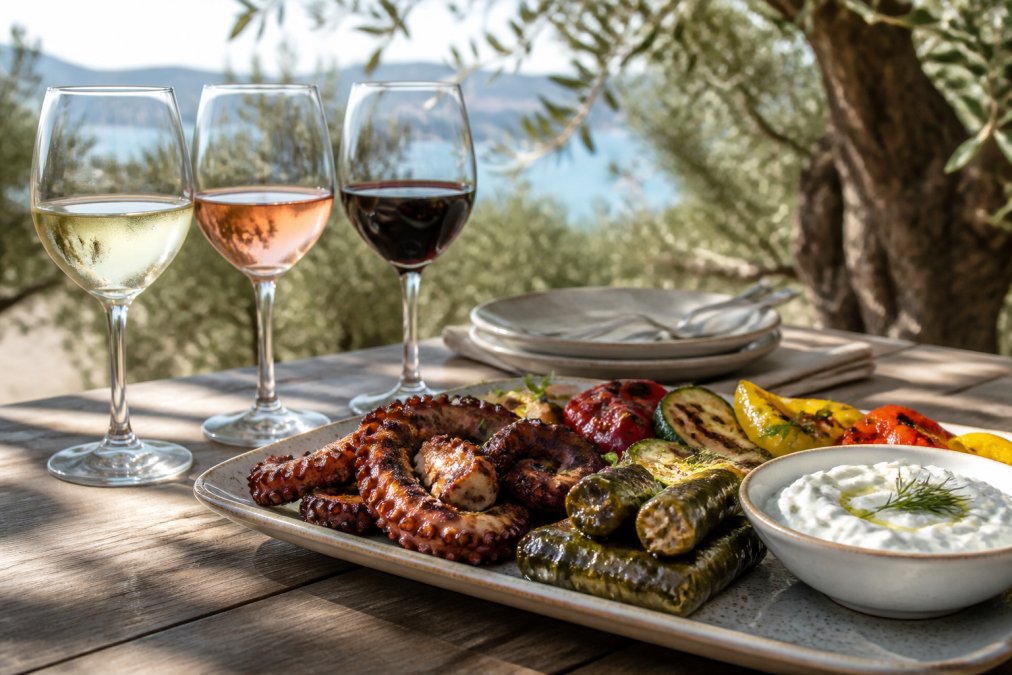 Elegante Weinprobe mit drei gefüllten Gläsern - Weißwein, Rosé und Rotwein - neben einem Serviertablett mit gegrilltem Oktopus, Dolmades, gegrilltem Gemüse und Zaziki, mediterrane Atmosphäre mit Olivenbaum im Hintergrund