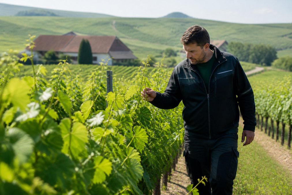 Ein Winzer in Arbeitskleidung geht durch eine sonnige Weinbergreihe in Rheinhessen und prüft die Reben, im Hintergrund sanfte Hügel und ein traditionelles Weingut