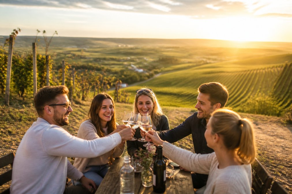 Junge Erwachsene genießen lachend Weine aus Rheinhessen für Einsteiger in einer sonnigen Hügellandschaft.