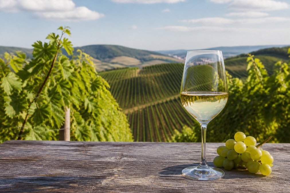 Ein Glas Riesling vor sonnigen Weinbergen in Rheinhessen, wo exzellente Weine aus Rheinhessen gedeihen.
