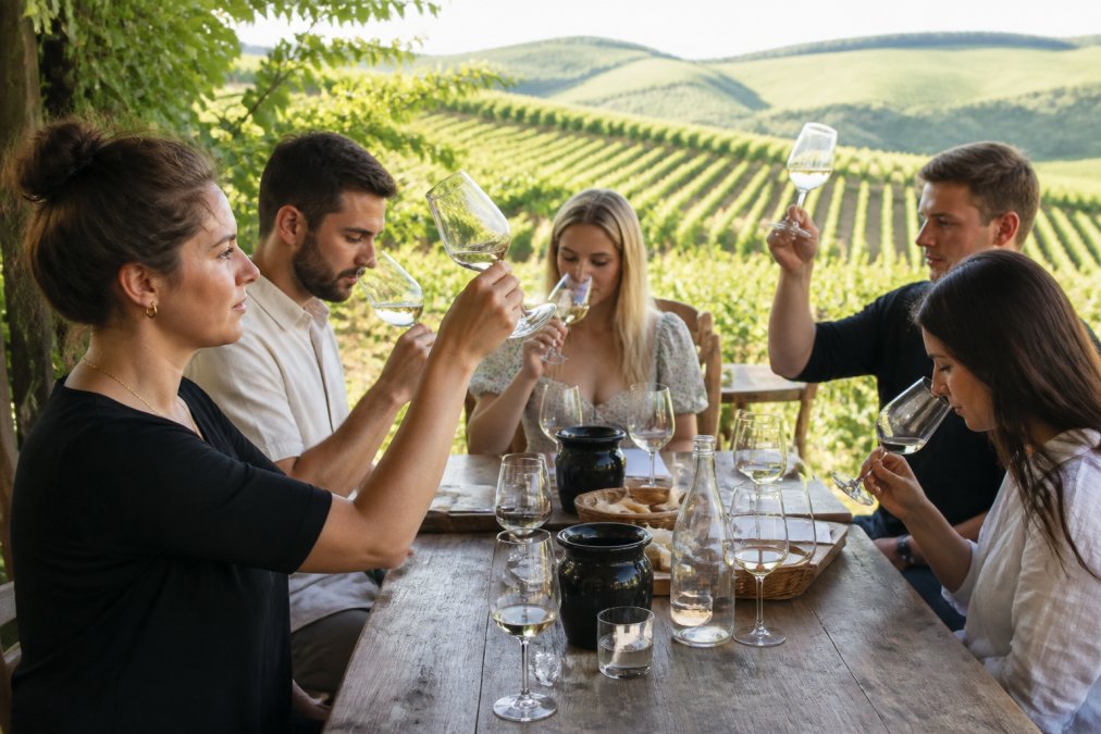 Eine Gruppe von Personen verkostet Wein auf einem Weingut mit Blick auf die Weinberge.