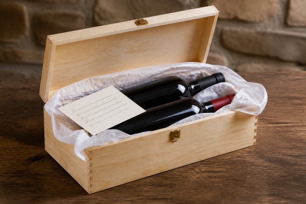 Elegante Holzkiste mit zwei Weinflaschen, offen dargestellt, mit weissem Seidenpapier und einer handgeschriebenen Karte
