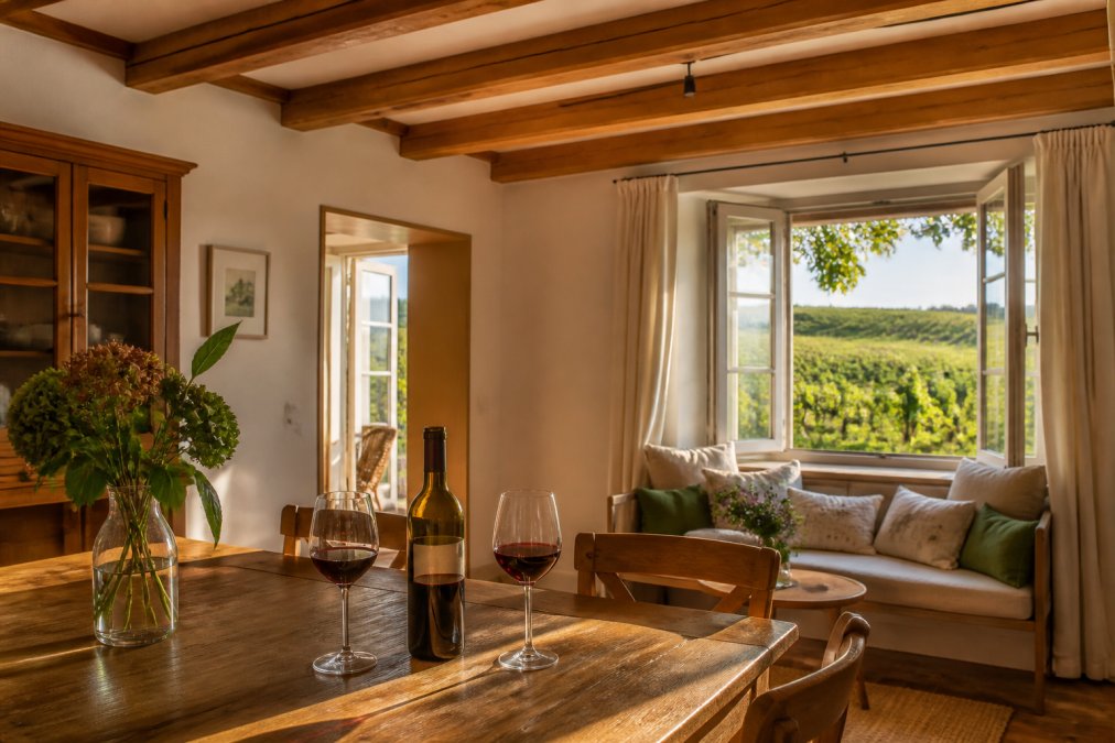 Eine einladende Ferienwohnung auf einem Weingut in Rheinhessen, Holzbalken an der Decke, gemütliche Sitzecke am Fenster mit Blick auf grüne Weinberge, auf dem Holztisch eine geöffnete Flasche Rotwein und zwei Gläser, warmes Nachmittagslicht