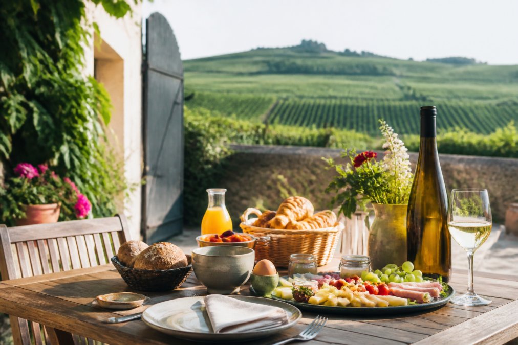 Ein gedeckter Frühstückstisch im Innenhof eines Weinguts mit Blick auf die Weinberge, regionale Produkte und eine Flasche Wein im Vordergrund