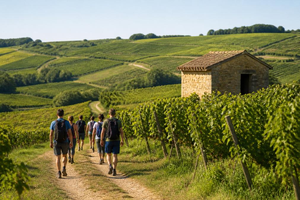 Wandergruppe auf einem Weg durch grüne Weinberge mit einem kleinen Sandsteinhäuschen im sonnigen Spätsommerlicht.