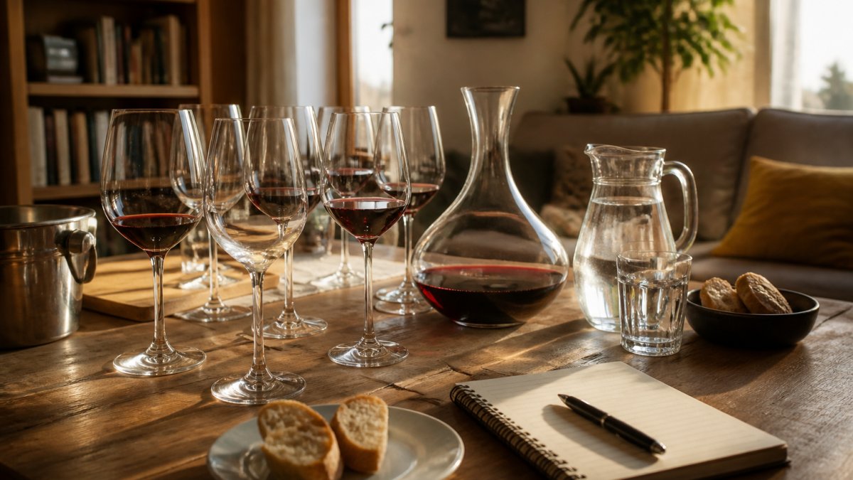 Gedeckter Esstisch mit mehreren Weingläsern, einer Karaffe Rotwein, einem Krug Wasser, Brotstücken und einem Notizblock, warmes Abendlicht von der Seite, gemütliche Wohnzimmeratmosphäre