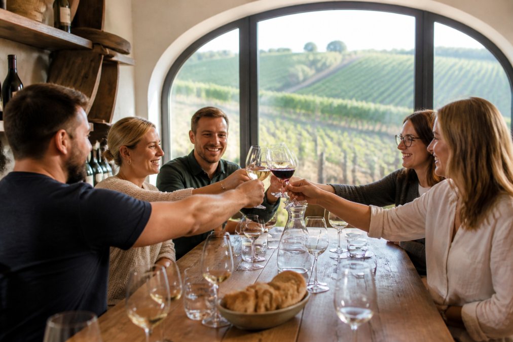 Eine Gruppe von Erwachsenen sitzt an einem großen Holztisch in einem hellen, traditionellen Weingut-Raum. Auf dem Tisch stehen mehrere Weingläser mit Weiß- und Rotwein, dazu Wasser und Brot. Die Menschen lächeln und prosten sich zu. Im Hintergrund sind Weinberge durch ein Fenster zu sehen.