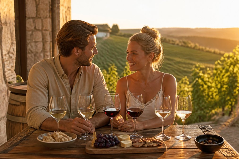 Ein Paar sitzt an einem gedeckten Holztisch in einem historischen Weingut, vor sich sechs Weingläser mit Rot- und Weißwein, im Hintergrund Weinberge bei goldenem Abendlicht