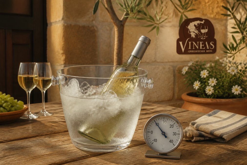 Weißweinflasche im Eisbad mit Thermometer zur Kontrolle der perfekten Weißwein Temperatur auf einem Holztisch.