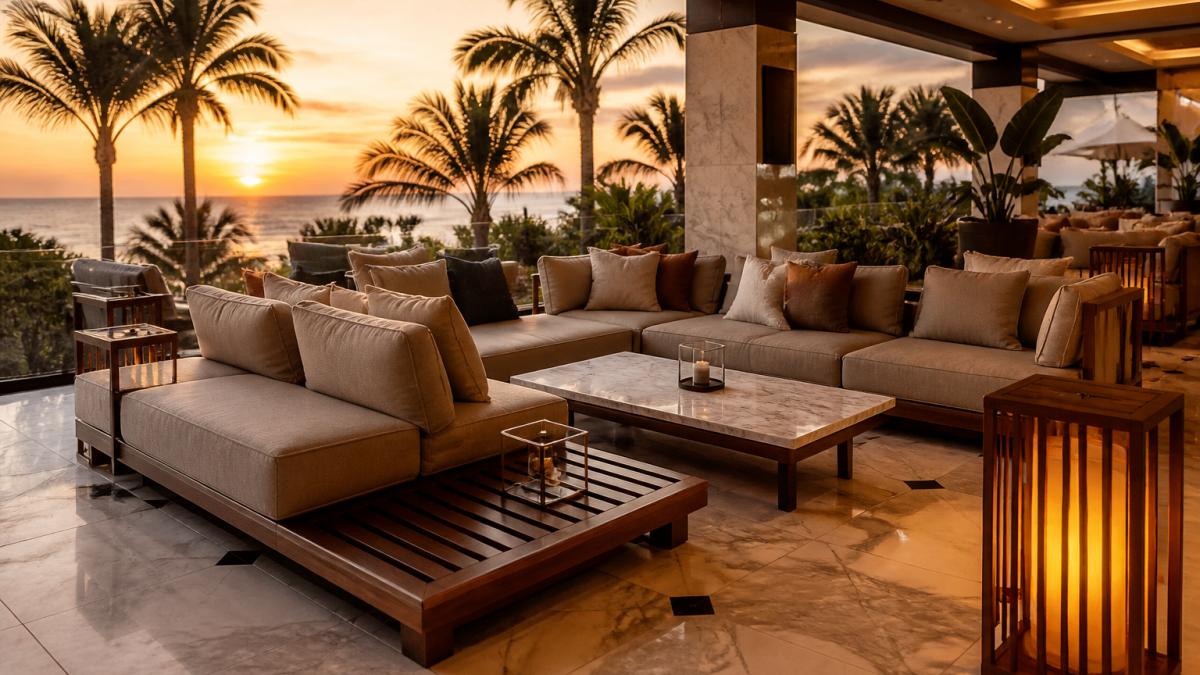 Elegante Hotelterrasse mit modularen Loungesofas in klassischem Design, Gäste entspannen auf luxuriösen gepolsterten Sitzmöbeln mit Kissen, Marmorboden, Holzakzente und edle Materialien in warmen Farbtönen, natürliches Licht am Abend