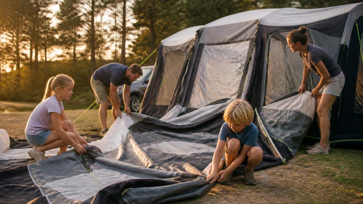 Eine Familie beim Aufbau eines großen Familienzeltes auf einem Campingplatz am Waldrand, Kinder helfen beim Ausrollen des Zeltstoffs, warmes Abendlicht