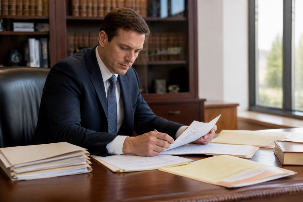 Criminal defense attorney in professional business attire reviewing case documents and legal files spread across a wooden desk in a modern law office with natural lighting from nearby windows