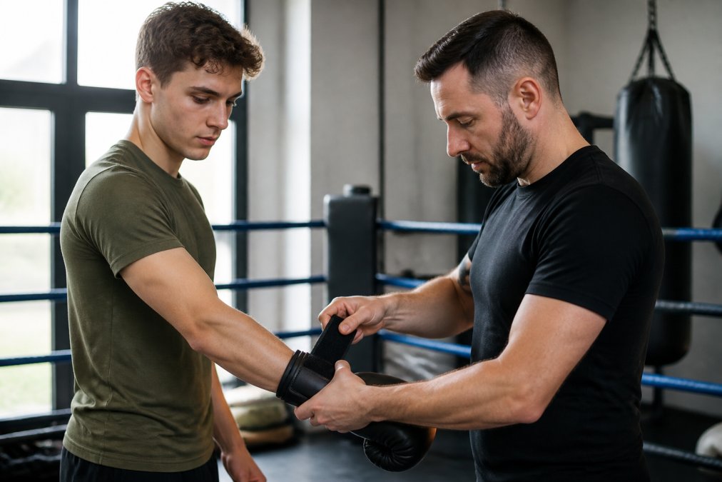 Trainer bevestigt klittenbandsluiting van bokshandschoen voor beginners tijdens de training in een lichte hal