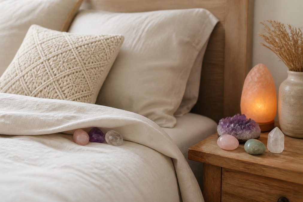 Serene slaapkamer met zachtverlichting, een bed met natuurlijke texturen, en edelstenen geplaatst op het nachtkastje en onder het kussen