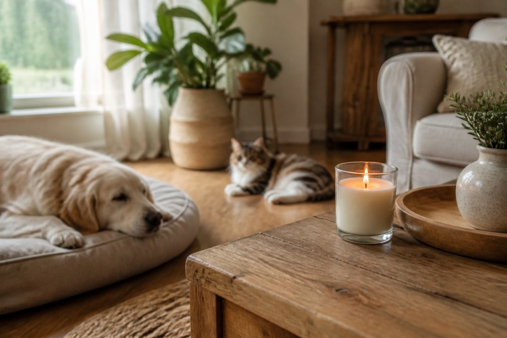 Een rustige woonkamer met een brandende kaars op een houten tafel, met een hond en een kat die ontspannen op afstand liggen. Natuurlijk daglicht door het raam, warme interieur uitstraling.