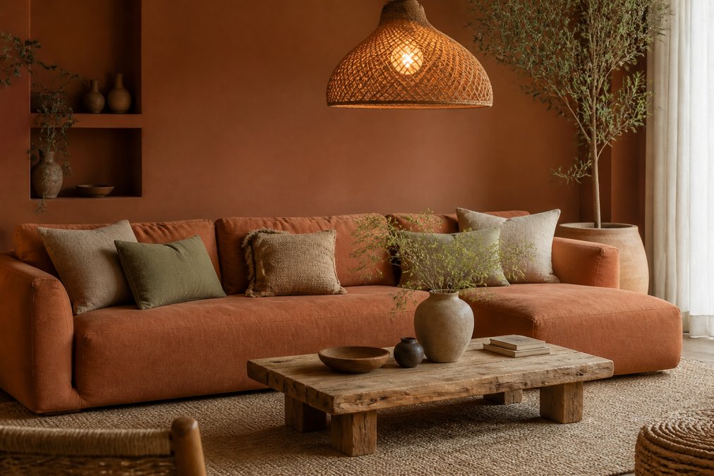 Een gezellige woonkamer met een bank in terracotta tinten, kussens in leem en salie, een houten salontafel en een gevlochten hanglamp die warm licht verspreidt