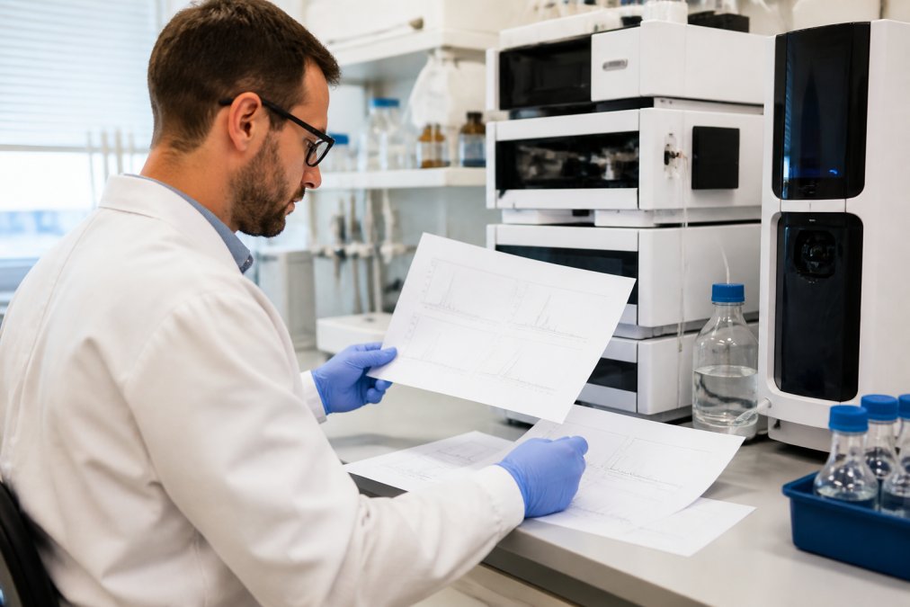 Onderzoeker in laboratorium werkend aan HPLC-apparatuur, met chromatogrammen en verificatierapporten op het bureau zichtbaar, onder heldere laboratoriumverlichting