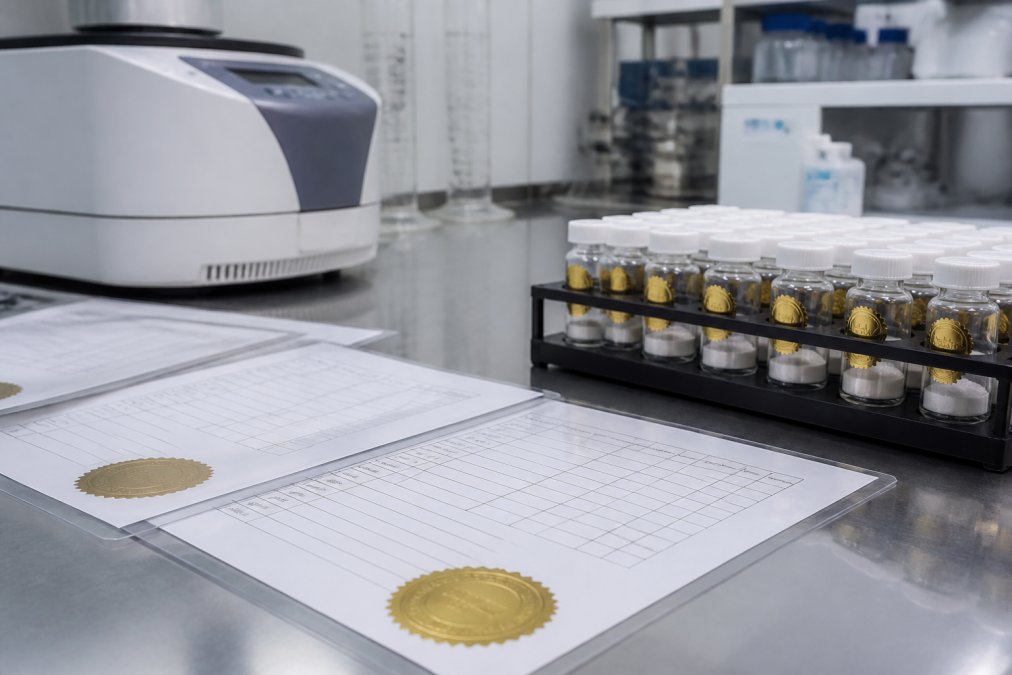 Gecertificeerde laboratoriumapparatuur en batchcontroledocumenten op een schone, professionele werkplek, met verificatieseals zichtbaar