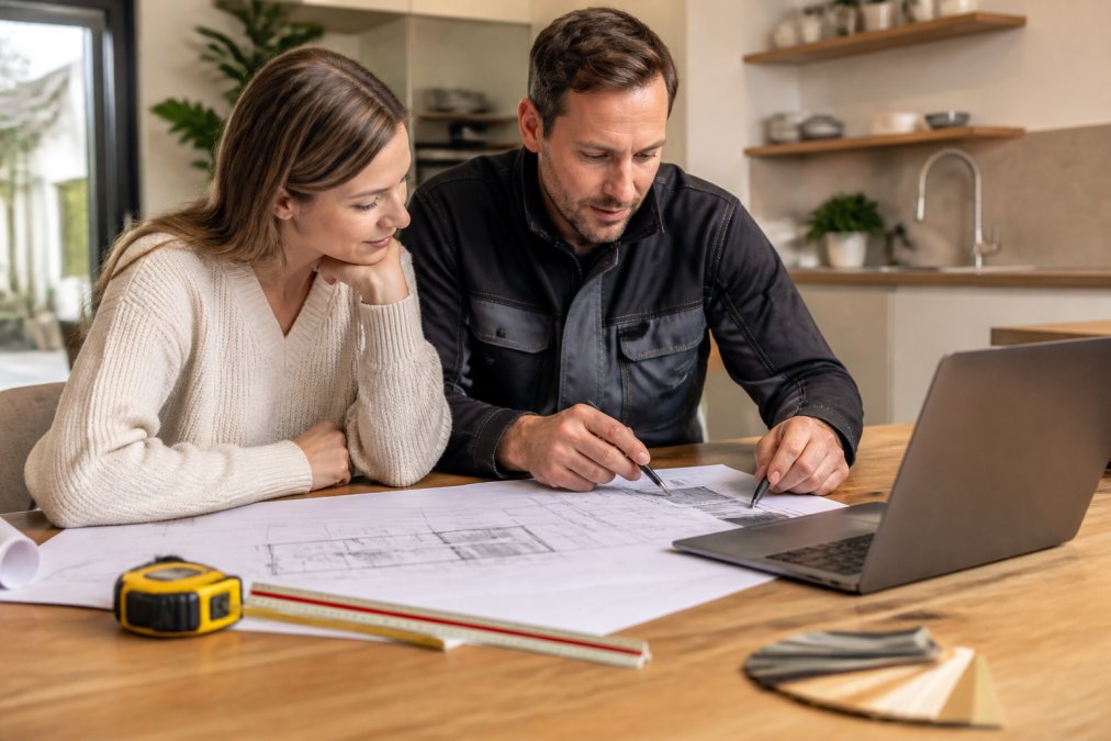Een huiseigenaar en een aannemer bekijken samen bouwplannen en een laptop met een online aanvraagformulier op een keukentafel, met een meetlint en architectplannen ernaast