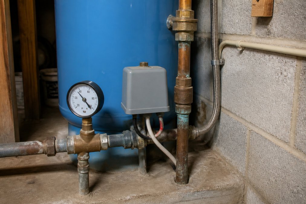 Close-up of a pressure tank and control box mounted on a basement wall, showing the gauge reading, electrical connections, and metal piping in residential basement setting with concrete floor