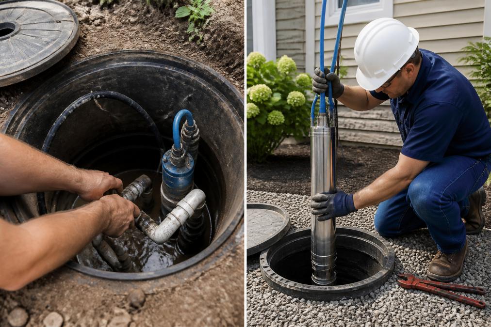 Licensed plumber in uniform and safety equipment working on a submersible pump installation in a residential well pit, using specialized tools with natural daylight from above