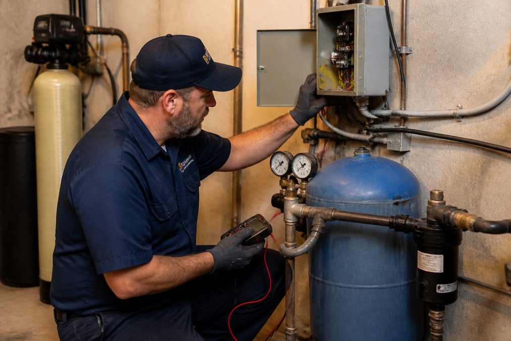 Professional plumber in uniform examining a residential well pump system in a basement, checking pressure gauges and control box connections with diagnostic tools