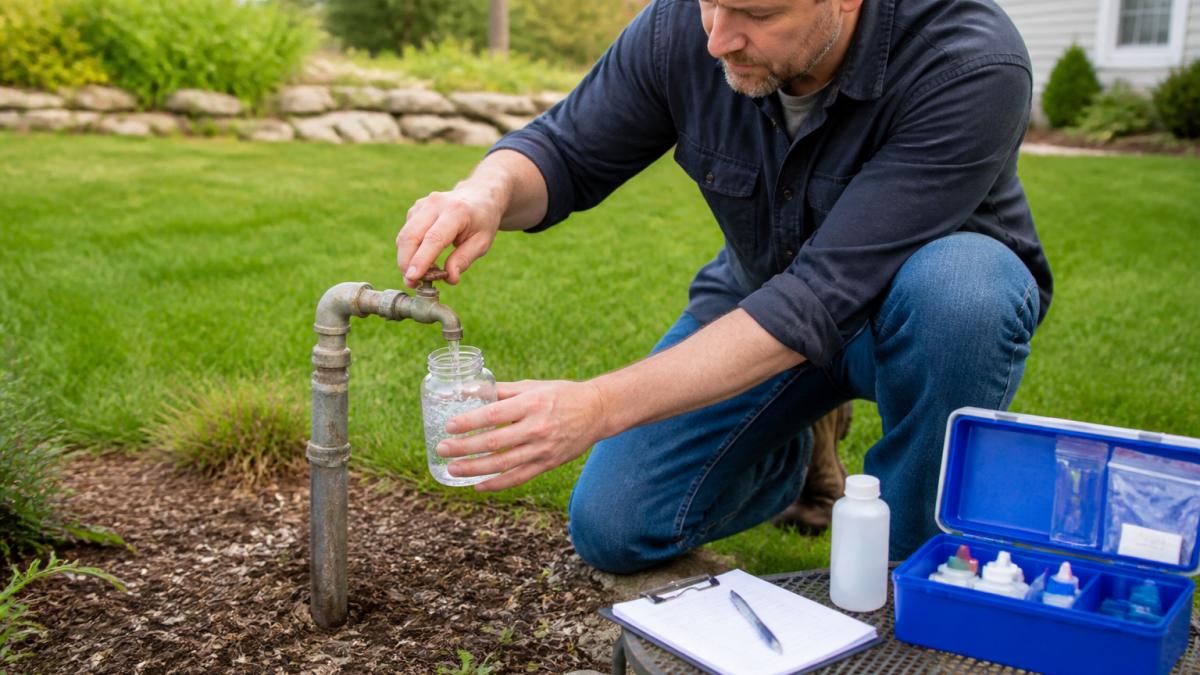Homeowner collecting a water sample from a well spigot in a backyard setting, with test kit materials visible on a nearby table