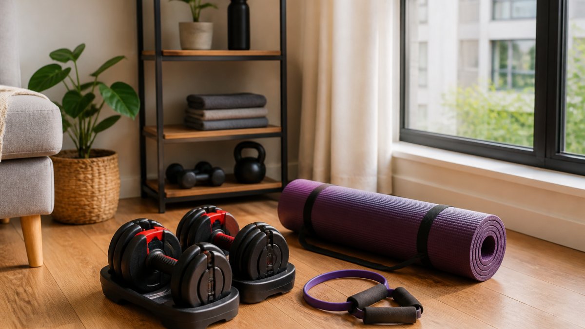 A compact home gym corner in a small apartment with an adjustable dumbbell set, a resistance band, and a rolled-up yoga mat on a wooden floor, natural light from a window