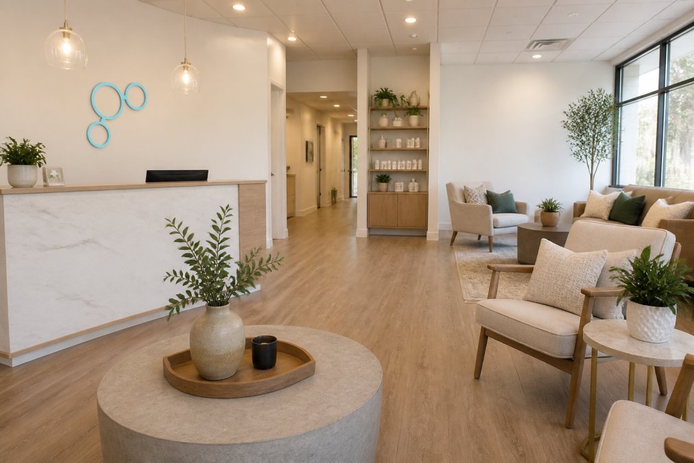 Modern wellness clinic interior with comfortable seating, soft natural lighting, and a welcoming reception area with plants and calming decor