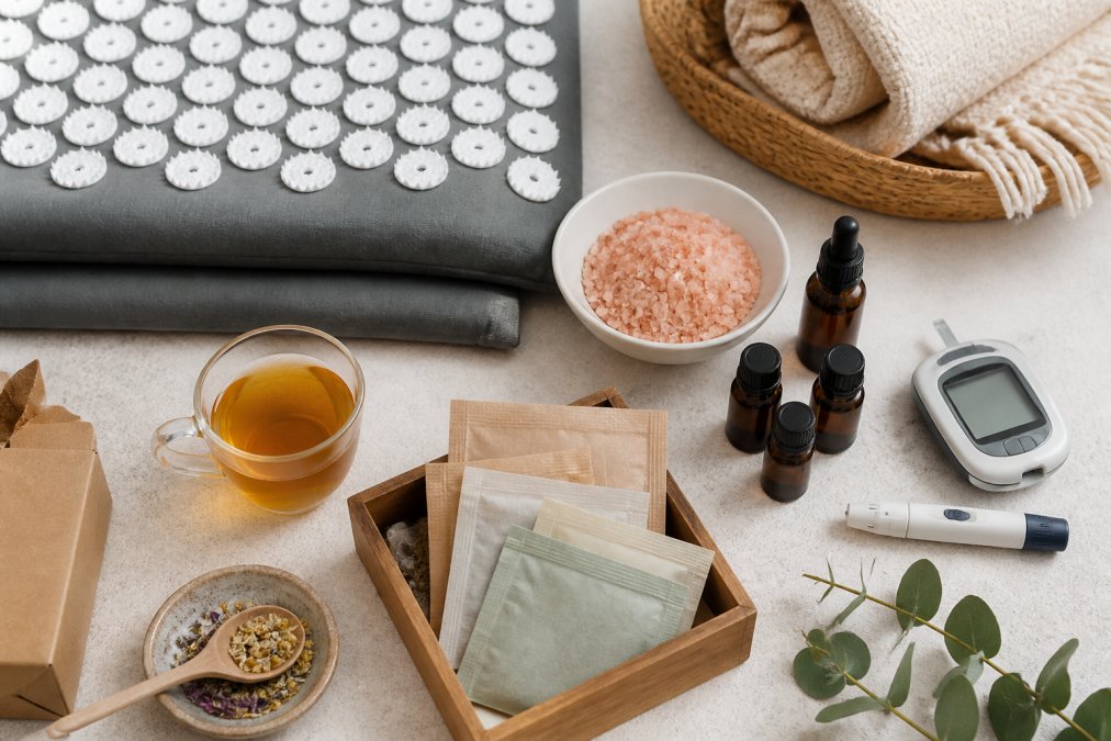 Flat-lay arrangement of wellness products including massage mat, essential oil bottles, bath salts, herbal tea packets, and health monitoring device organized neatly on a light neutral surface with natural daylight