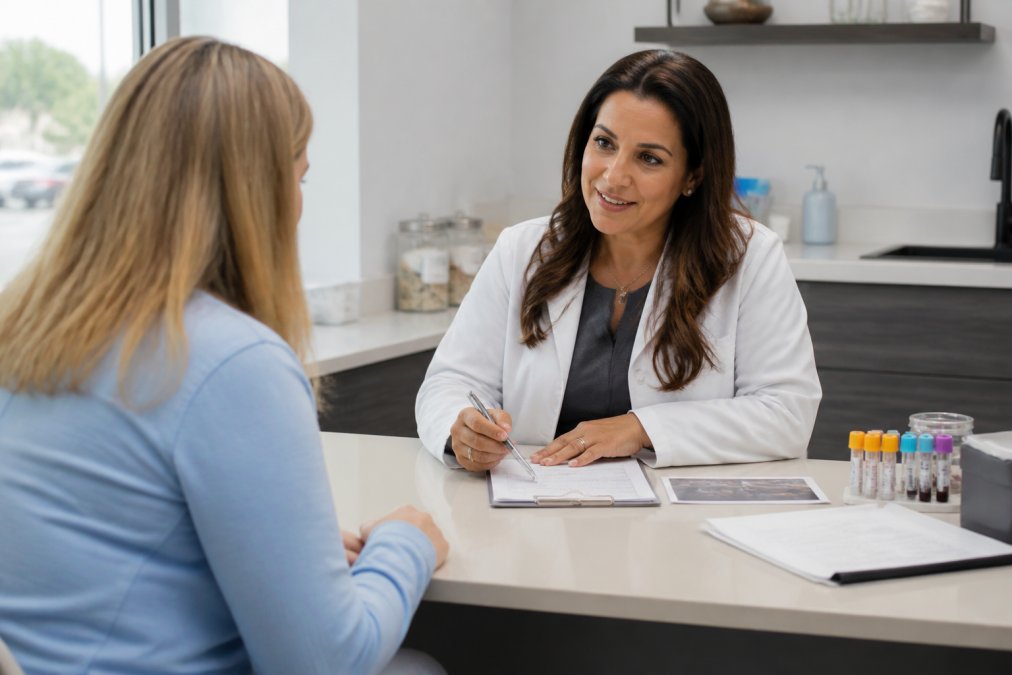 Board-certified physician consulting with patient in modern medical office, reviewing health records and lab work on desk, discussing personalized treatment plan with warm professional demeanor