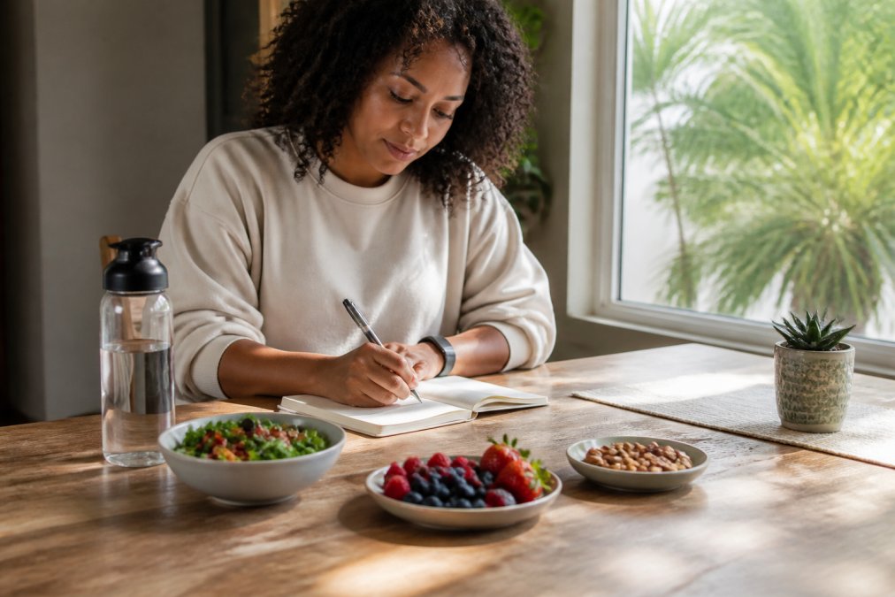 Person journaling wellness goals in calm natural setting with healthy foods, water bottle, and notebook on wooden table near window with soft natural light
