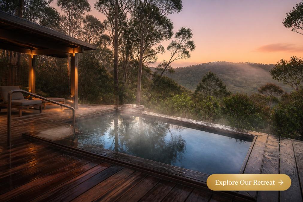 A serene outdoor thermal therapy pool surrounded by native Tasmanian bushland at dusk, with steam rising gently from the water and soft lighting on timber decking