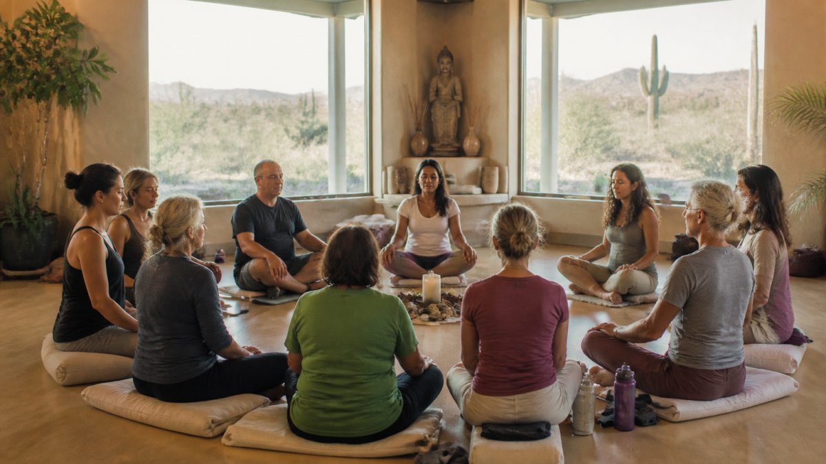 Group of retreat participants seated in a circle during guided meditation in a serene sanctuary space with soft natural light streaming through large windows and desert views