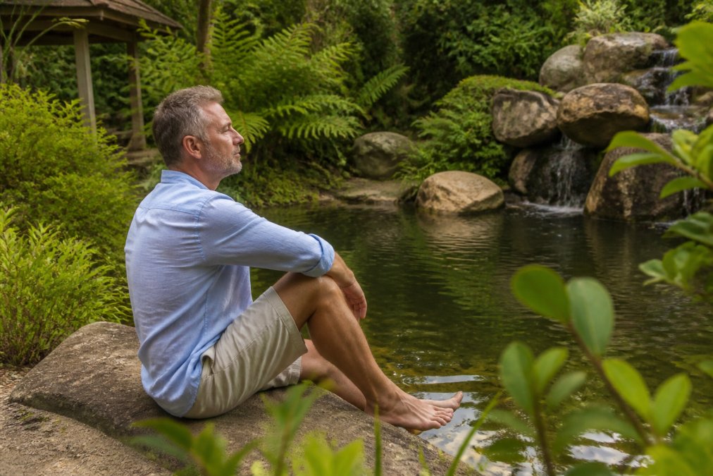 Executive sitting peacefully by natural water feature in serene garden setting, surrounded by greenery, soft natural lighting, showing calm and mental clarity after wellness retreat